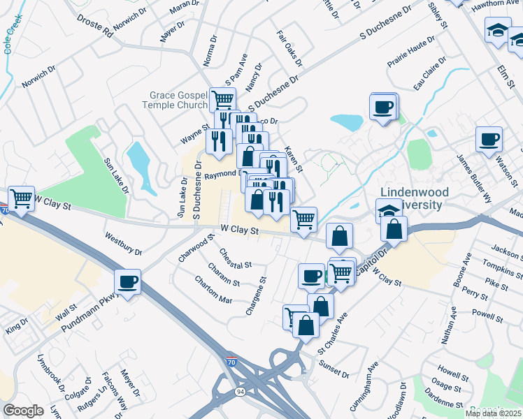 map of restaurants, bars, coffee shops, grocery stores, and more near 411 Droste Road in Saint Charles