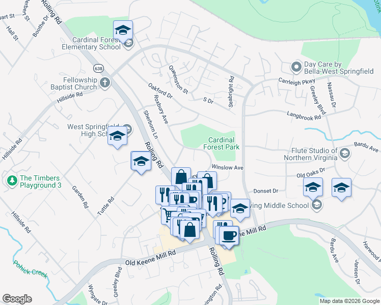 map of restaurants, bars, coffee shops, grocery stores, and more near 6124 Roxbury Avenue in West Springfield