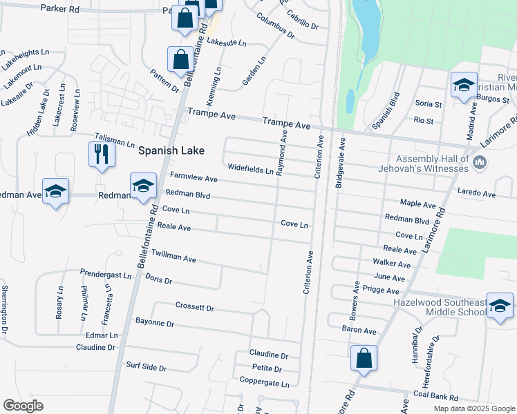 map of restaurants, bars, coffee shops, grocery stores, and more near 1414 Redman Boulevard in St. Louis