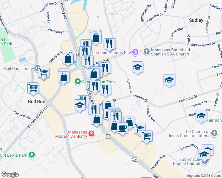 map of restaurants, bars, coffee shops, grocery stores, and more near 7909 Hugh Mullen Drive in Manassas