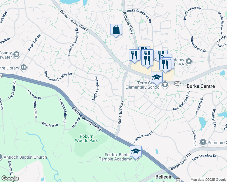 map of restaurants, bars, coffee shops, grocery stores, and more near 6079 Burnside Landing Drive in Burke