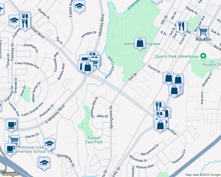 map of restaurants, bars, coffee shops, grocery stores, and more near 3300 Sunset Boulevard in Rocklin