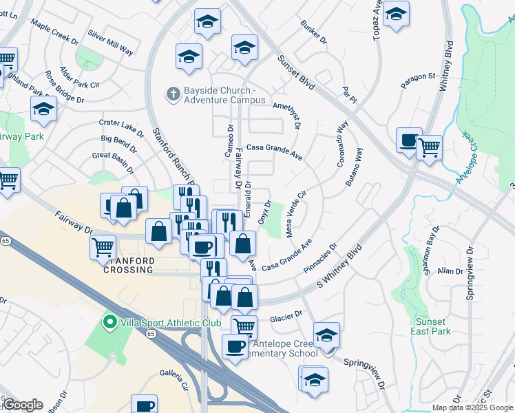 map of restaurants, bars, coffee shops, grocery stores, and more near 5704 Pearl Drive in Rocklin