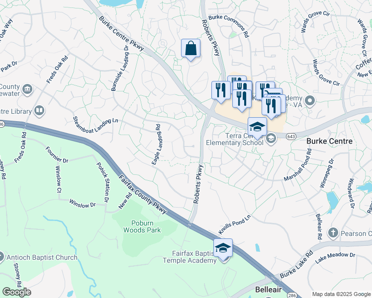 map of restaurants, bars, coffee shops, grocery stores, and more near 6079 Burnside Landing Drive in Burke