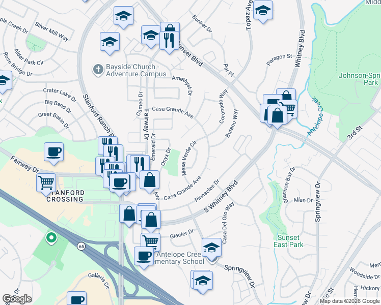 map of restaurants, bars, coffee shops, grocery stores, and more near 5103 Mesa Verde Circle in Rocklin