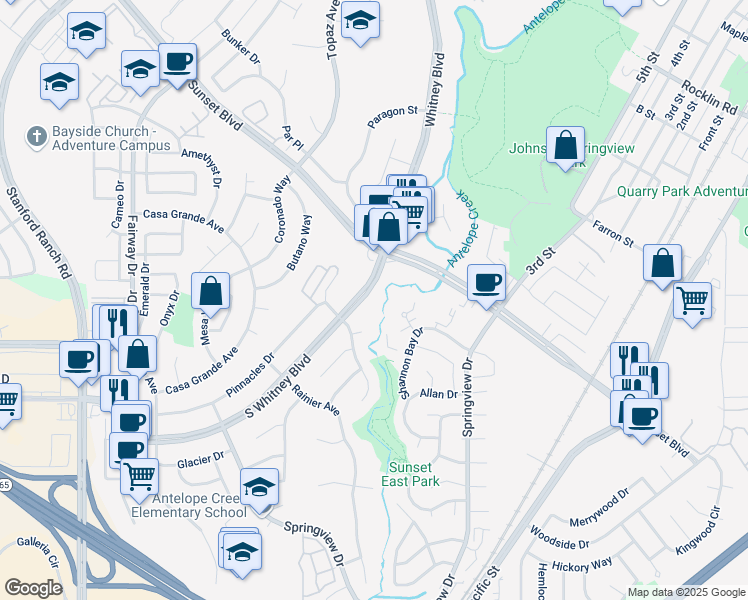 map of restaurants, bars, coffee shops, grocery stores, and more near 2700 Sunset Boulevard in Rocklin