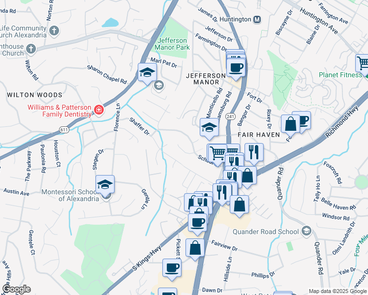 map of restaurants, bars, coffee shops, grocery stores, and more near 2910 Breezy Terrace in Alexandria