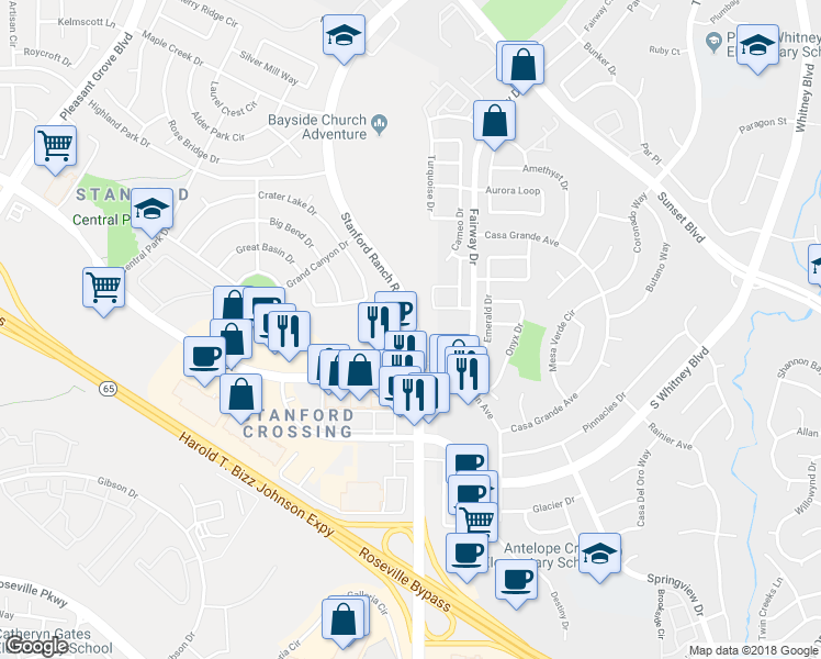 map of restaurants, bars, coffee shops, grocery stores, and more near 6681 Stanford Ranch Road in Rocklin