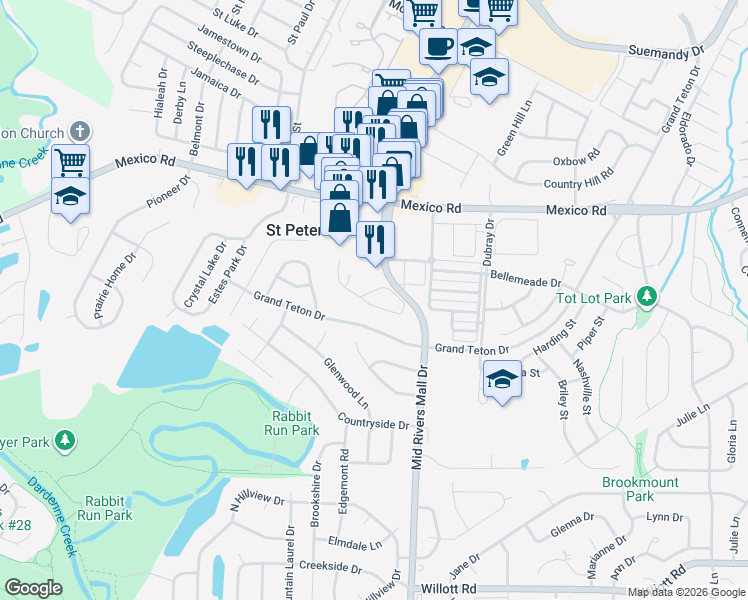 map of restaurants, bars, coffee shops, grocery stores, and more near 105 Rhythm Point Drive in St. Peters
