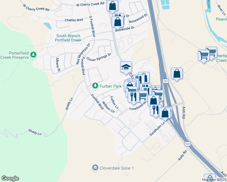 map of restaurants, bars, coffee shops, grocery stores, and more near 109 Marguerite Lane in Cloverdale