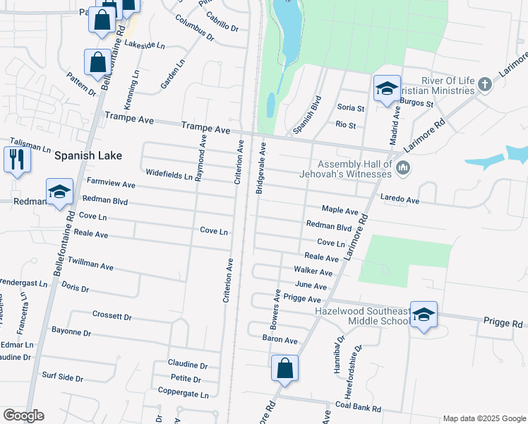 map of restaurants, bars, coffee shops, grocery stores, and more near 1237 Redman Boulevard in St. Louis