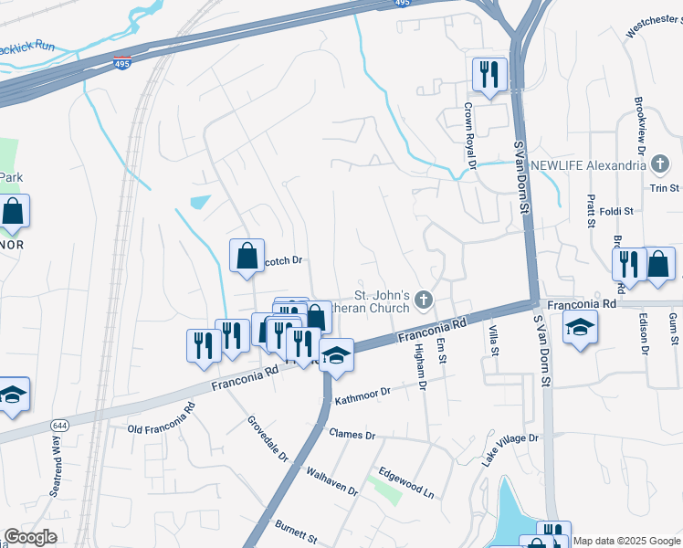 map of restaurants, bars, coffee shops, grocery stores, and more near 6105 Larkspur Drive in Alexandria