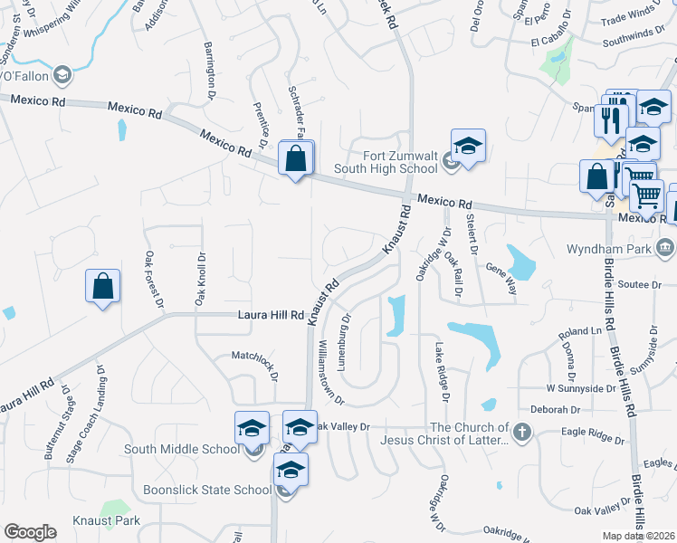 map of restaurants, bars, coffee shops, grocery stores, and more near 195 Abington Drive in St. Peters