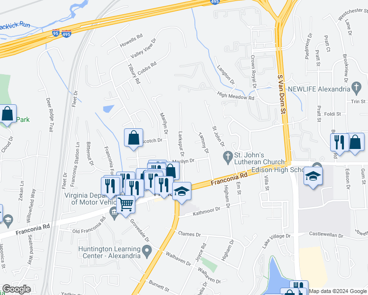 map of restaurants, bars, coffee shops, grocery stores, and more near 6105 Larkspur Drive in Alexandria