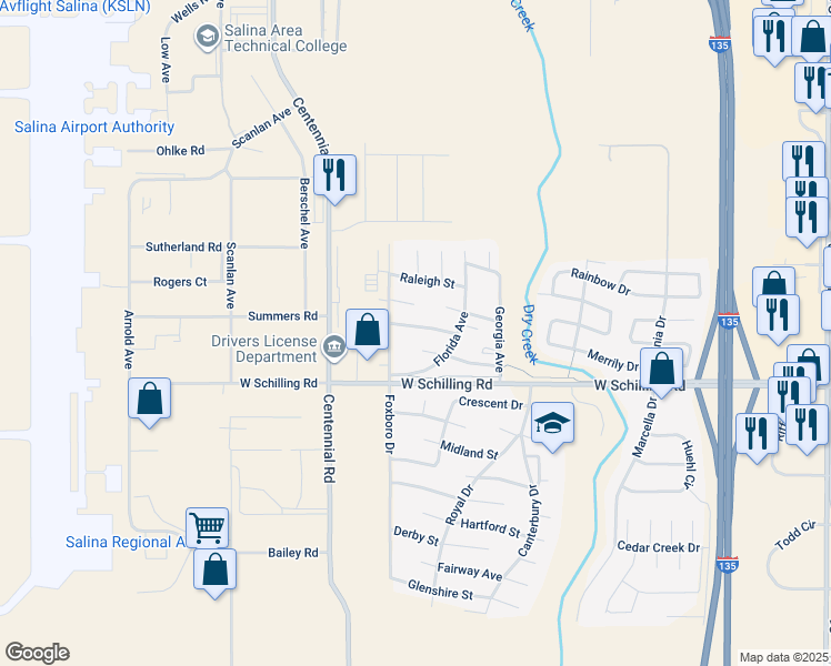 map of restaurants, bars, coffee shops, grocery stores, and more near 1409 Springfield Street in Salina