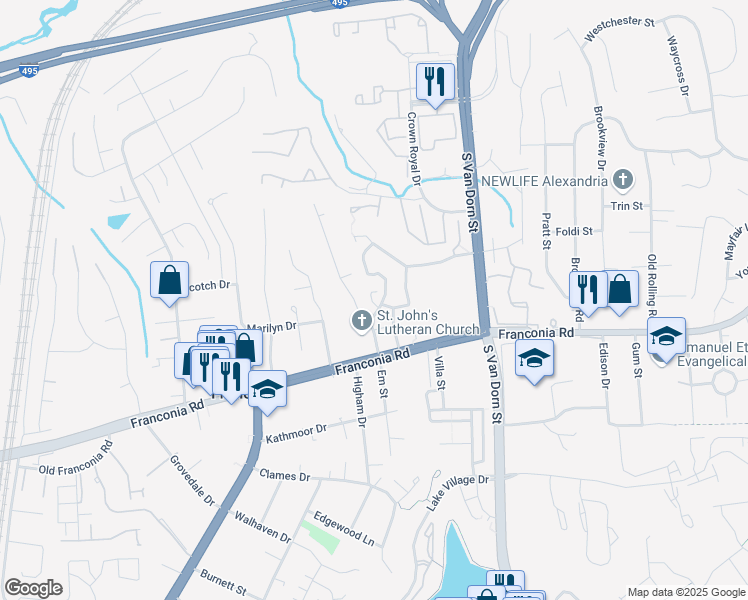 map of restaurants, bars, coffee shops, grocery stores, and more near 6023 Buttercup Court in Alexandria