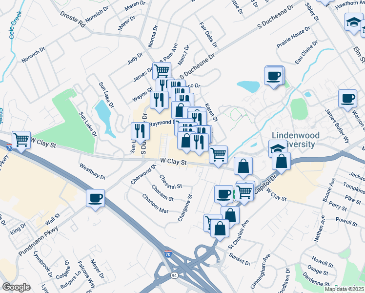 map of restaurants, bars, coffee shops, grocery stores, and more near 411 Droste Rd in St Charles