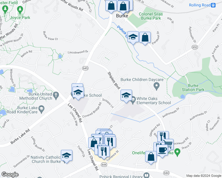 map of restaurants, bars, coffee shops, grocery stores, and more near 9505 Burning Branch Road in Burke