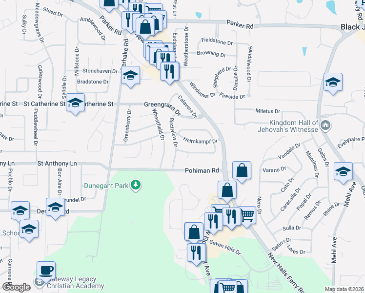map of restaurants, bars, coffee shops, grocery stores, and more near 2315 Birchview Drive in Florissant