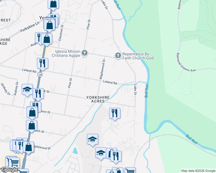 map of restaurants, bars, coffee shops, grocery stores, and more near 7819 Leland Road in Manassas