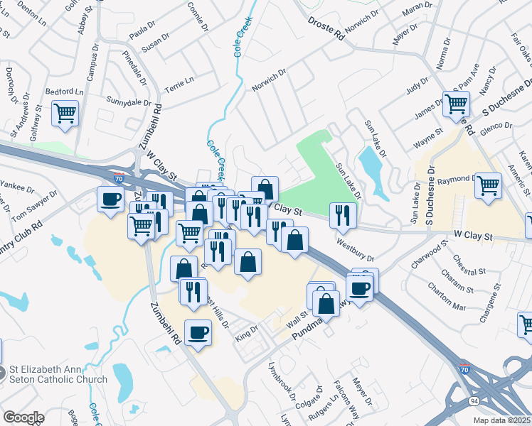 map of restaurants, bars, coffee shops, grocery stores, and more near 2793 West Clay Street in Saint Charles