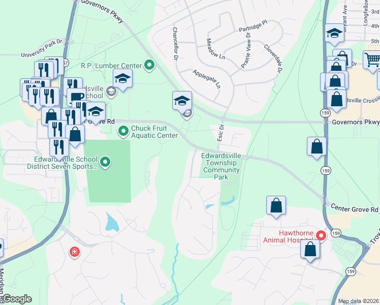 map of restaurants, bars, coffee shops, grocery stores, and more near 100 Pleasant Ridge Drive in Edwardsville