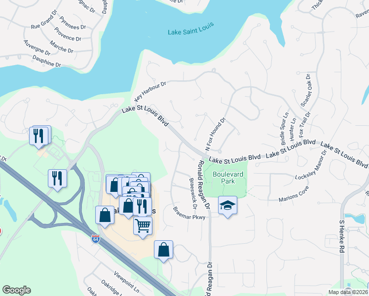 map of restaurants, bars, coffee shops, grocery stores, and more near 2601 Braemar Parkway in Lake Saint Louis