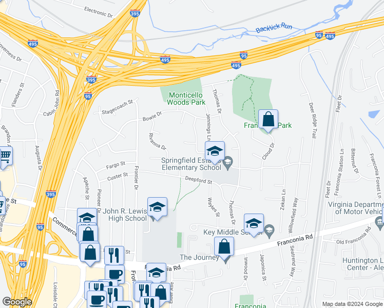 map of restaurants, bars, coffee shops, grocery stores, and more near 6018 Meriwether Lane in Springfield