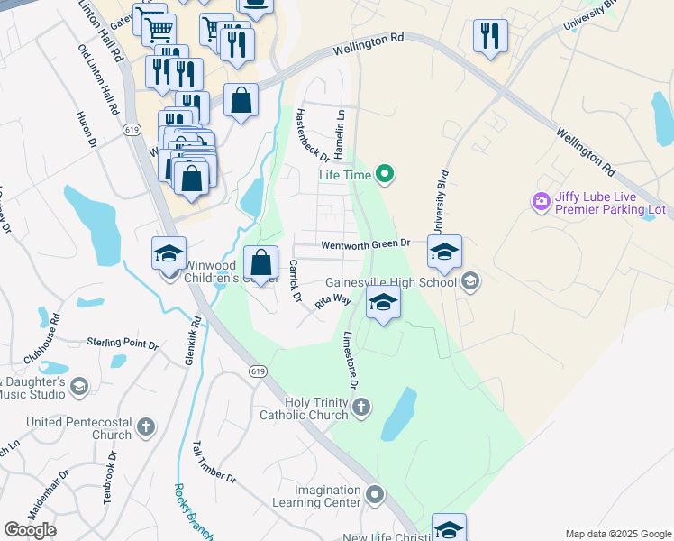 map of restaurants, bars, coffee shops, grocery stores, and more near 7908 Culloden Crest Lane in Gainesville
