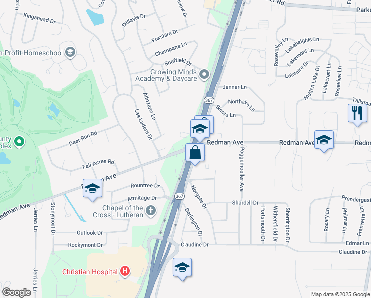 map of restaurants, bars, coffee shops, grocery stores, and more near 2355 Redman Road in St. Louis