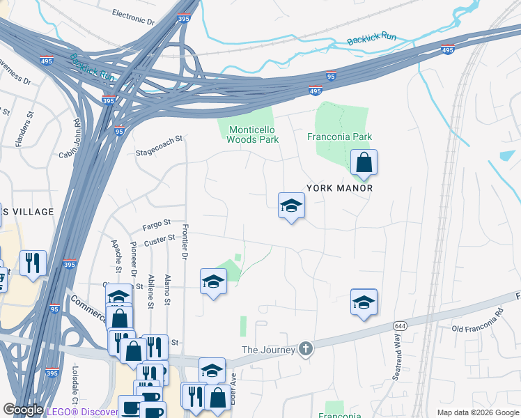 map of restaurants, bars, coffee shops, grocery stores, and more near 6018 Meriwether Lane in Springfield