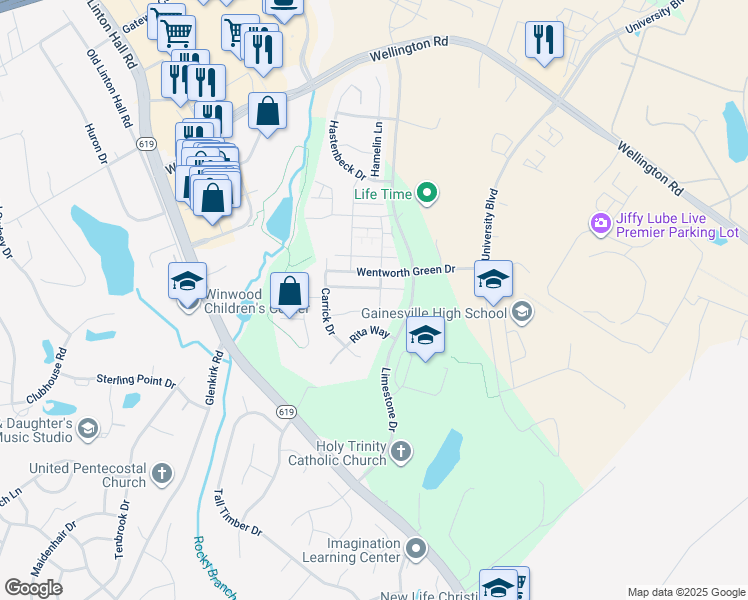 map of restaurants, bars, coffee shops, grocery stores, and more near 7908 Culloden Crest Lane in Gainesville