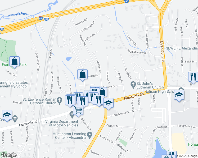 map of restaurants, bars, coffee shops, grocery stores, and more near 6102 Marilyn Drive in Alexandria
