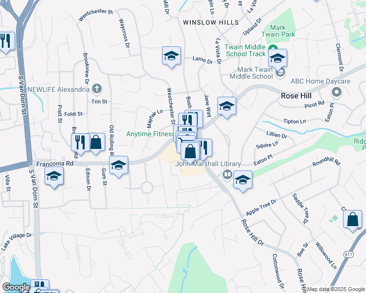 map of restaurants, bars, coffee shops, grocery stores, and more near 6100 Rose Hill Drive in Alexandria