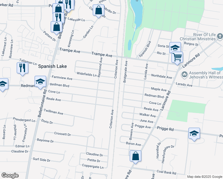 map of restaurants, bars, coffee shops, grocery stores, and more near 1355 Redman Boulevard in St. Louis