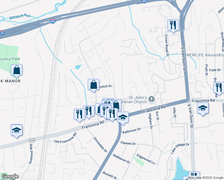 map of restaurants, bars, coffee shops, grocery stores, and more near 6102 Marilyn Drive in Alexandria