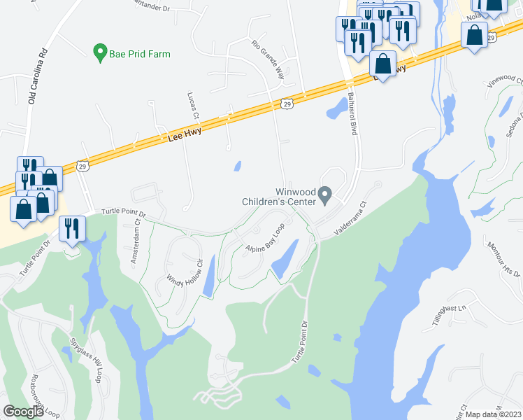 map of restaurants, bars, coffee shops, grocery stores, and more near 7990 Bonnie Briar Loop in Gainesville