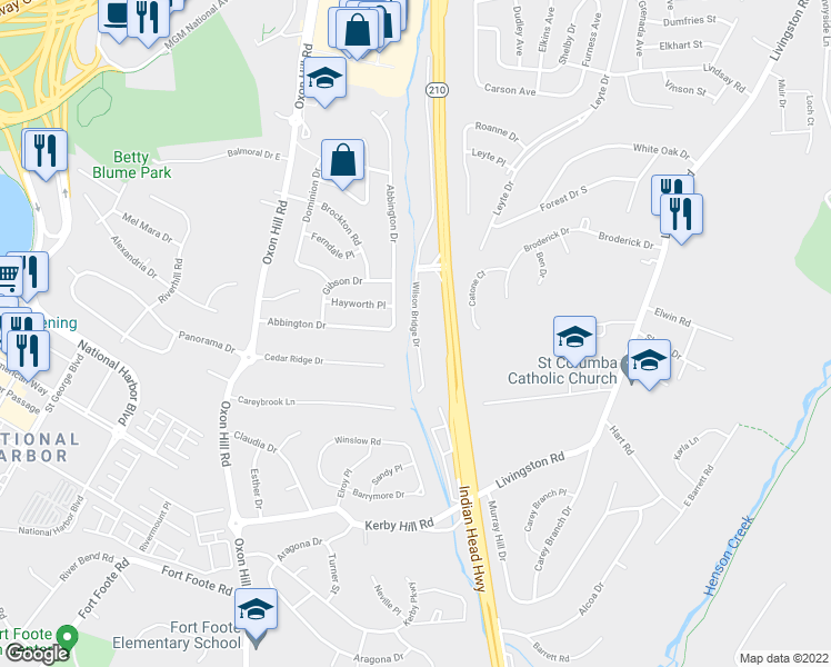 map of restaurants, bars, coffee shops, grocery stores, and more near 529 Wilson Bridge Drive in Fort Washington