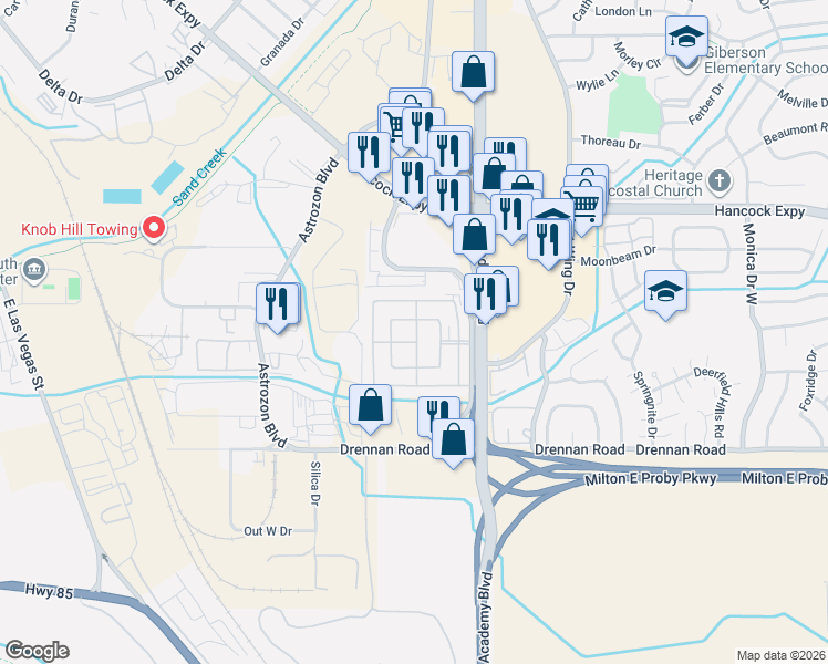 map of restaurants, bars, coffee shops, grocery stores, and more near 3280 South Academy Boulevard in Colorado Springs