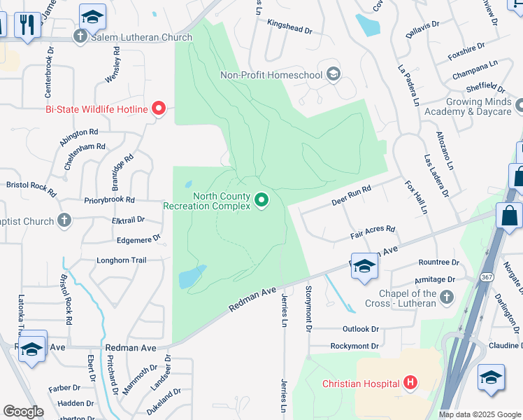 map of restaurants, bars, coffee shops, grocery stores, and more near 2577 Redman Road in St. Louis