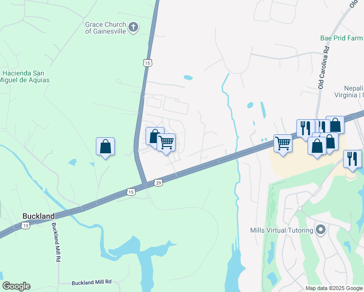 map of restaurants, bars, coffee shops, grocery stores, and more near 15821 Lee Carter Road in Gainesville