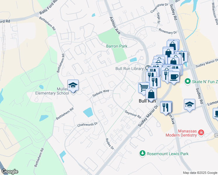 map of restaurants, bars, coffee shops, grocery stores, and more near 7737 Black Horse Court in Manassas