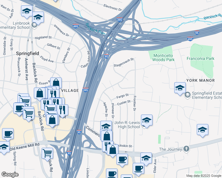 map of restaurants, bars, coffee shops, grocery stores, and more near 6108 Pinto Place in Springfield
