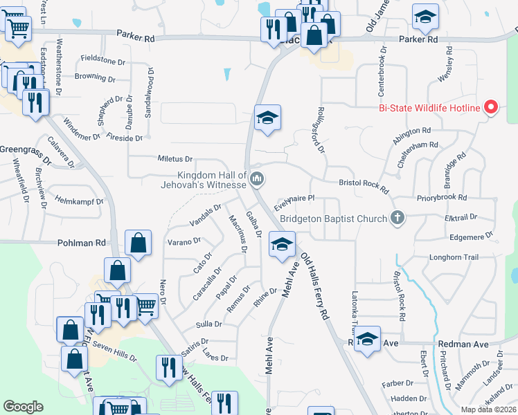 map of restaurants, bars, coffee shops, grocery stores, and more near 4530 Parian Drive in Florissant
