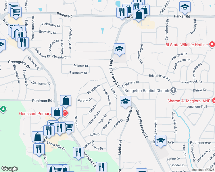map of restaurants, bars, coffee shops, grocery stores, and more near 11759 Galba Drive in Florissant