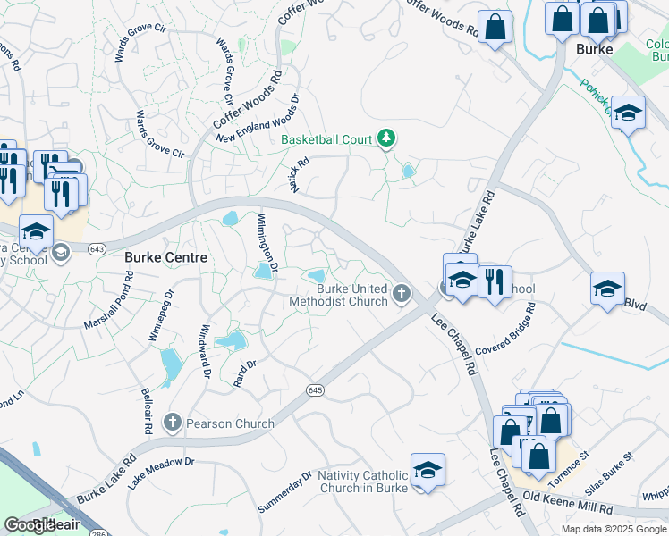 map of restaurants, bars, coffee shops, grocery stores, and more near 9815 Burke Pond Lane in Burke