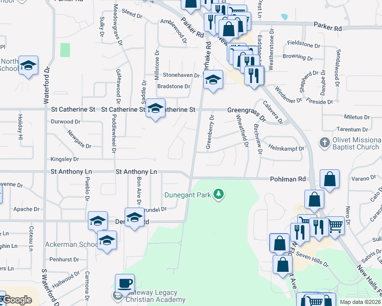 map of restaurants, bars, coffee shops, grocery stores, and more near 2368 Birch Hill Drive in Florissant