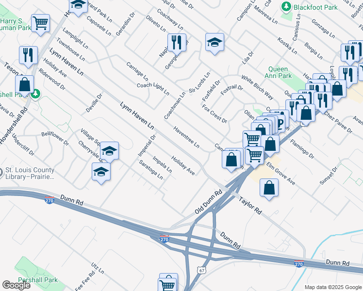 map of restaurants, bars, coffee shops, grocery stores, and more near 542 Haventree Lane in Hazelwood