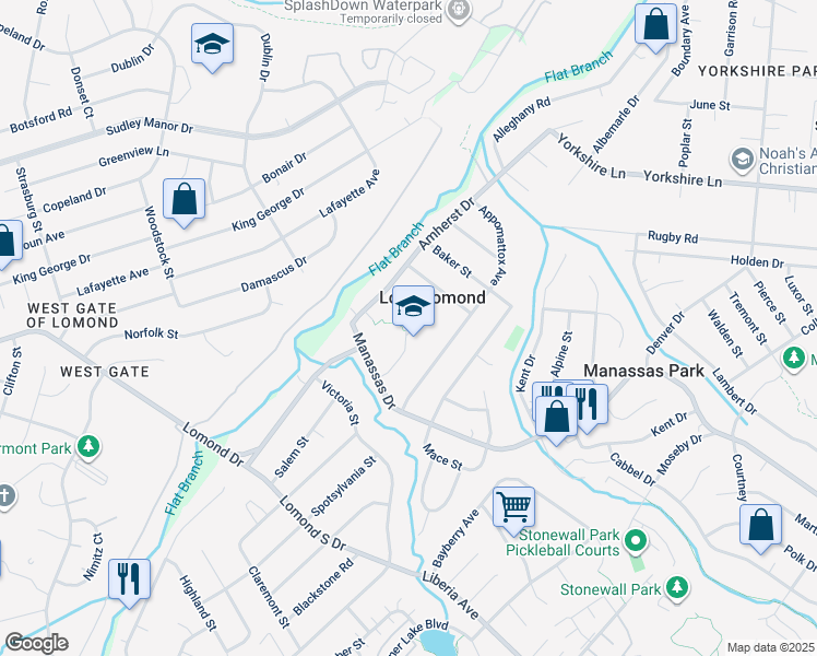 map of restaurants, bars, coffee shops, grocery stores, and more near 7900 Augusta Road in Manassas