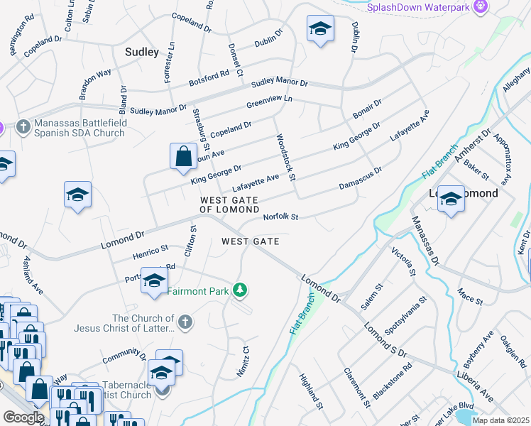 map of restaurants, bars, coffee shops, grocery stores, and more near 9648 Norfolk Street in Manassas